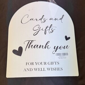 White Thank You Sign with Black Text Cards and Gifts table stand new